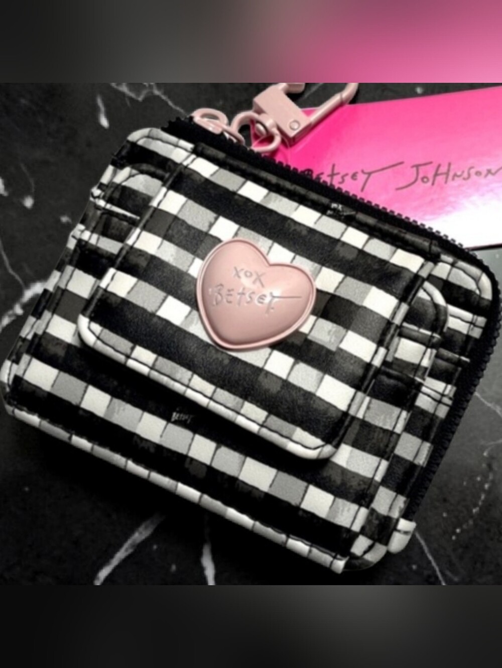 Betsey Johnson Black & White Gingham Wallet With Pink Heart Accent NWT